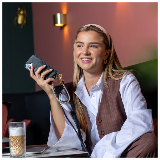 AVY Apple iPhone 15 Pro Zwart Leren Hoesje met Koord Silver Spark afbeelding 4