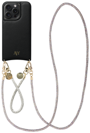 AVY Apple iPhone 15 Pro Zwart Leren Hoesje met Koord Silver Spark Set afbeelding