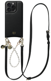 AVY Apple iPhone 15 Pro Zwart Leren Hoesje met Koord Leather and Pearls afbeelding