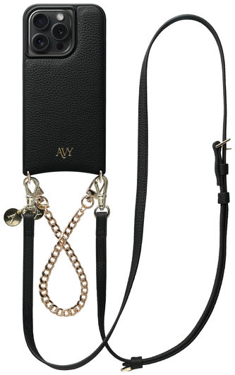 AVY Apple iPhone 15 Pro Zwart Leren Hoesje met Koord Leather and Gold afbeelding 1