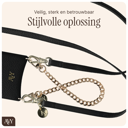 AVY Apple iPhone 15 Pro Zwart Leren Hoesje met Koord Leather and Gold afbeelding 9