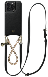 AVY Apple iPhone 15 Pro Zwart Leren Hoesje met Koord Leather and Gold