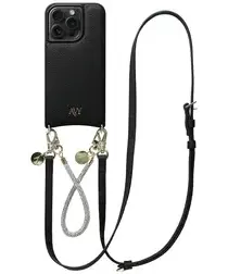 AVY Apple iPhone 15 Pro Zwart Leren Hoesje met Koord Leather and Silver afbeelding