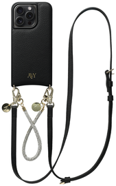 AVY Apple iPhone 15 Pro Zwart Leren Hoesje met Koord Leather and Silver
