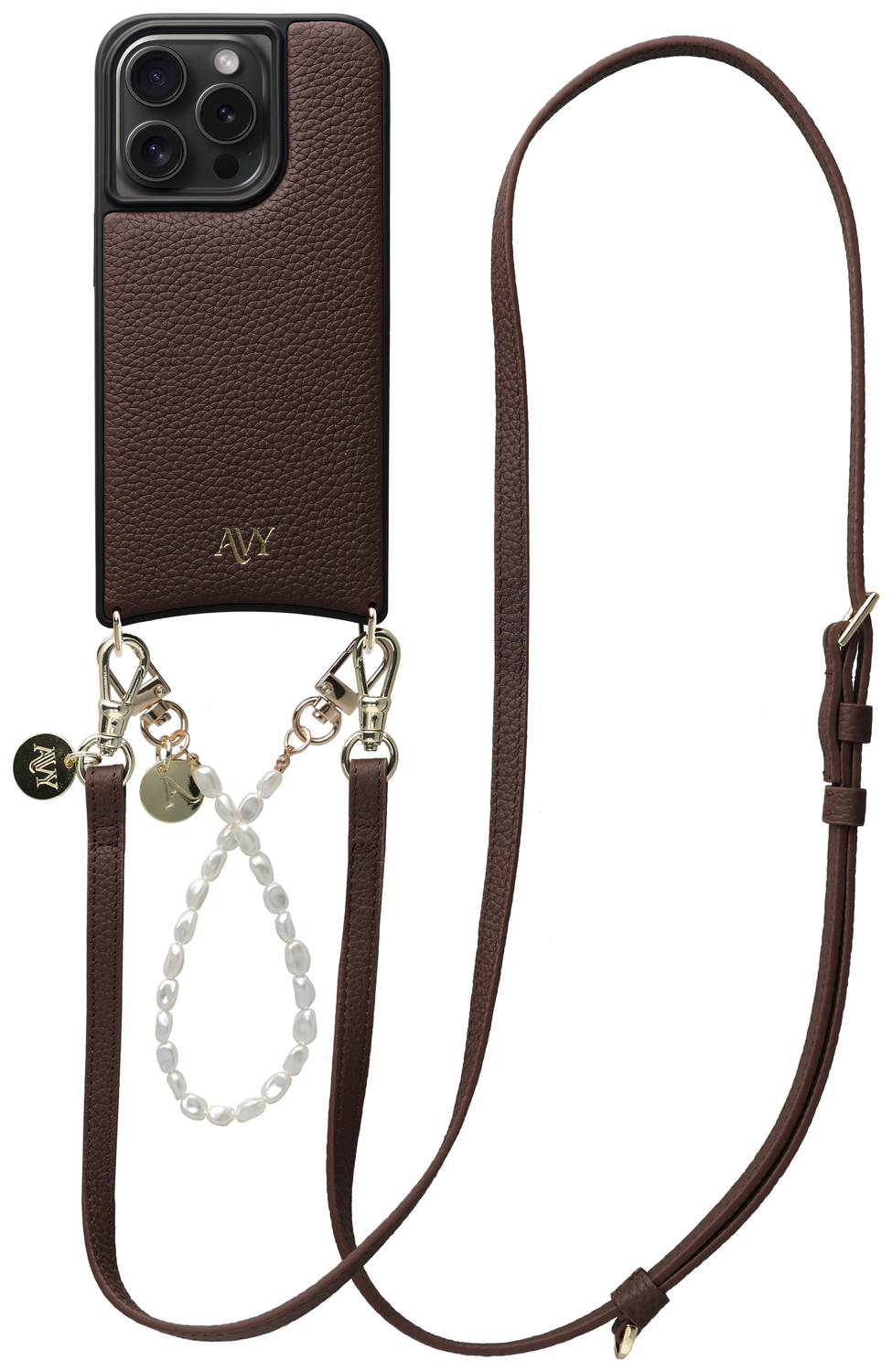AVY Apple iPhone 15 Pro Bruin Leren Hoesje met Koord Leather and Pearls afbeelding 1