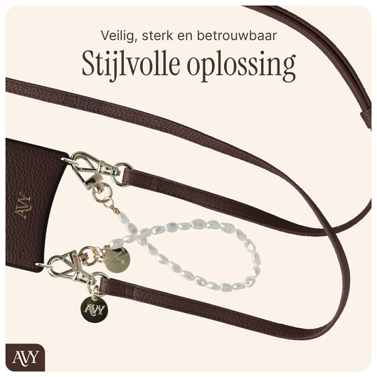 AVY Apple iPhone 15 Pro Bruin Leren Hoesje met Koord Leather and Pearls afbeelding 9