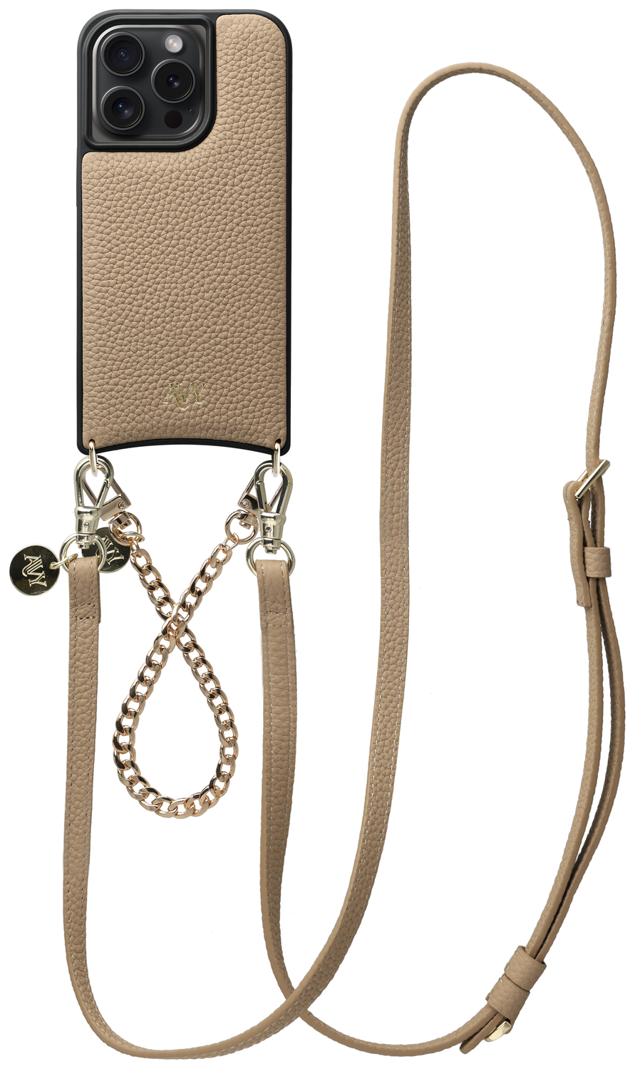 AVY Apple iPhone 15 Pro Beige Leren Hoesje met Koord Leather and Gold afbeelding 1