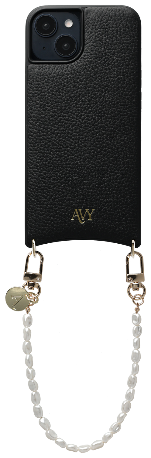 AVY Apple iPhone 13 / 14 Zwart Leren Hoesje met Koord Perla Chic afbeelding 1