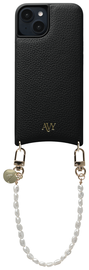 AVY Apple iPhone 13 / 14 Zwart Leren Hoesje met Koord Perla Chic