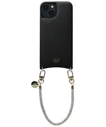 AVY Apple iPhone 13 / 14 Zwart Leren Hoesje met Koord Silver Spark afbeelding