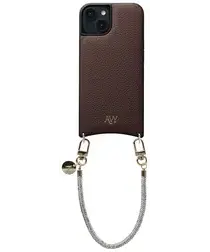 AVY Apple iPhone 13 / 14 Bruin Leren Hoesje met Koord Silver Spark afbeelding