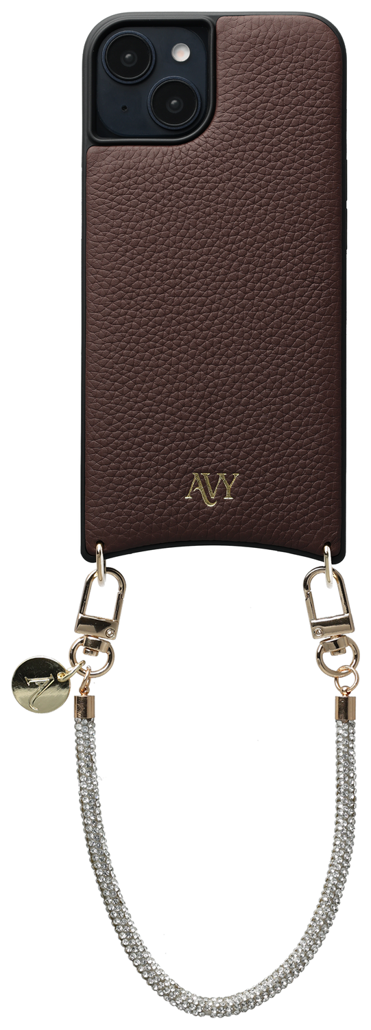 AVY Apple iPhone 13 / 14 Bruin Leren Hoesje met Koord Silver Spark afbeelding 1