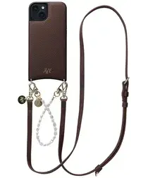AVY Apple iPhone 13 / 14 Bruin Leren Hoesje met Koord Leather and Pearls afbeelding