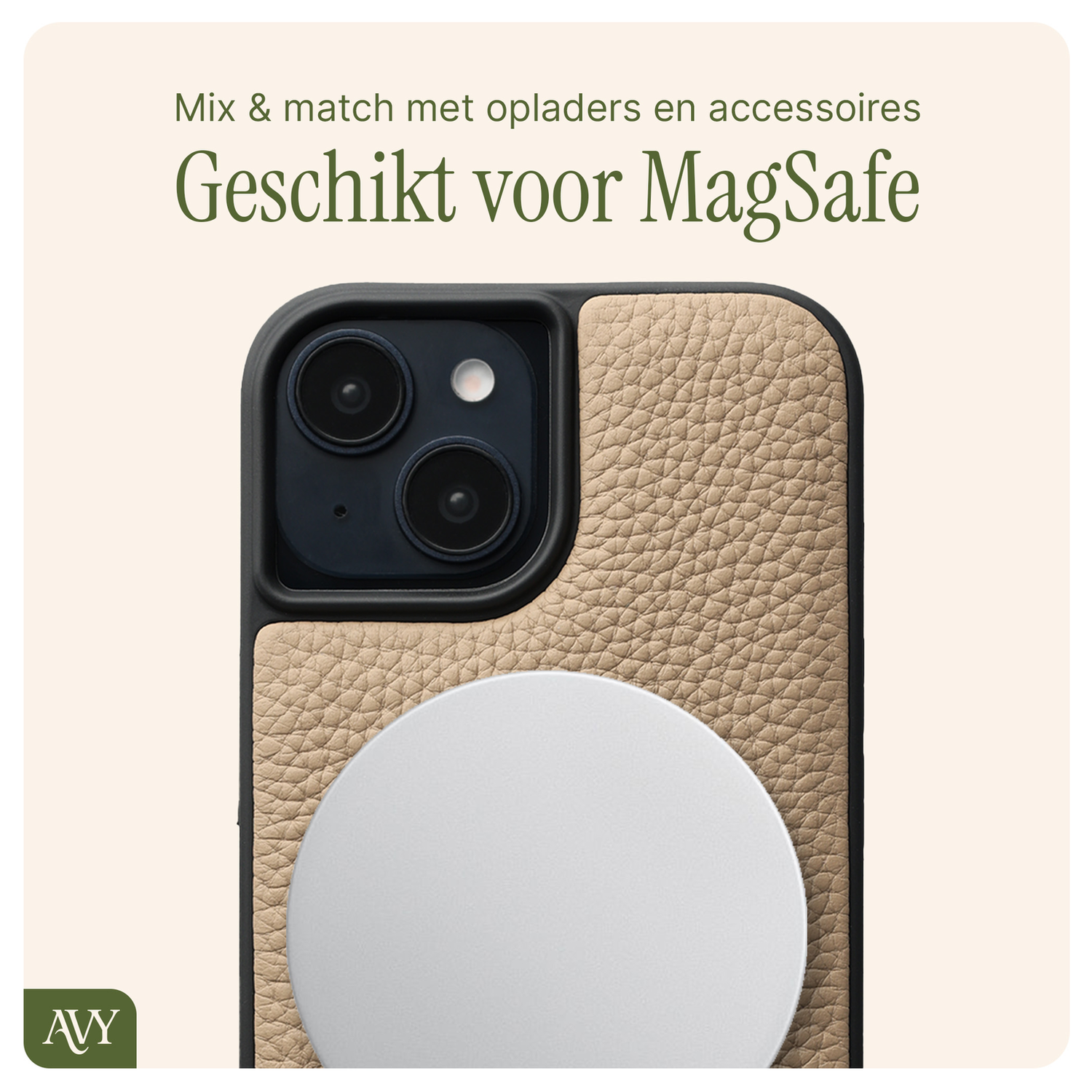 AVY Apple iPhone 13 / 14 Beige Leren Hoesje met Koord Silver Spark afbeelding 7