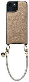 AVY Apple iPhone 13 / 14 Beige Leren Hoesje met Koord Silver Spark