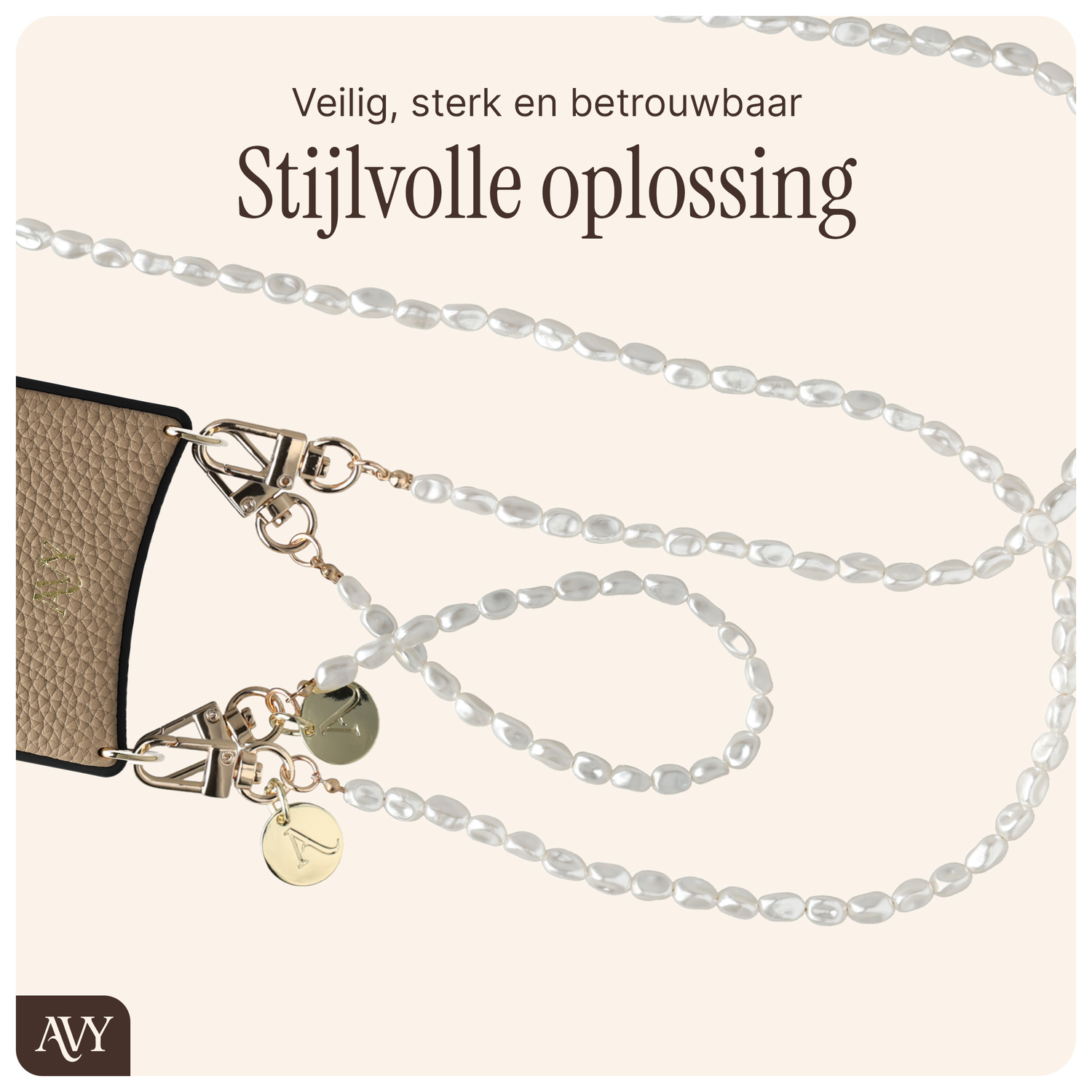 AVY Apple iPhone 13 / 14 Beige Leren Hoesje met Koord Perla Chic Set afbeelding 8