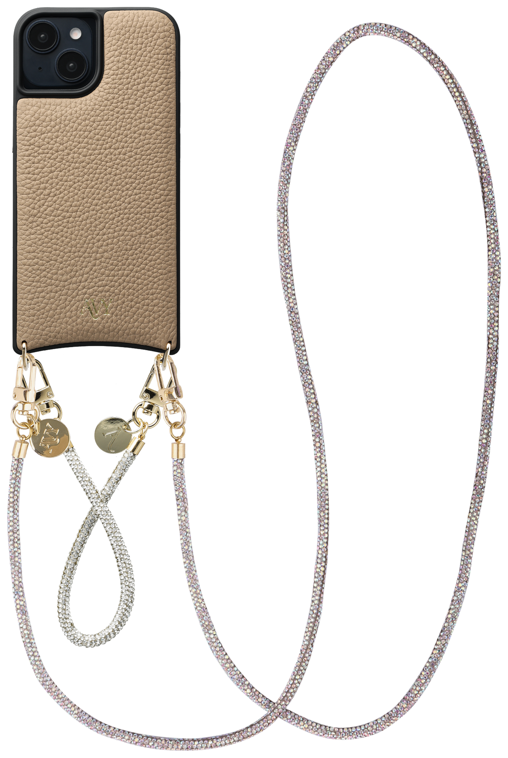 AVY Apple iPhone 13 / 14 Beige Leren Hoesje met Koord Silver Spark Set afbeelding 1