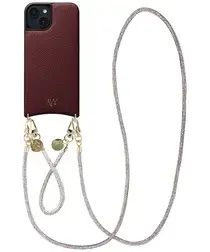 AVY Apple iPhone 13 / 14 Burgundy Leren Hoesje met Koord Silver Spark Set afbeelding