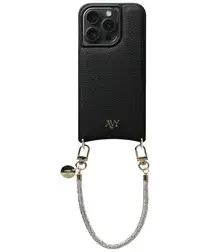 AVY Apple iPhone 14 Pro Zwart Leren Hoesje met Koord Silver Spark afbeelding