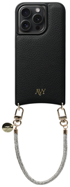 AVY Apple iPhone 14 Pro Zwart Leren Hoesje met Koord Silver Spark
