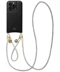 AVY Apple iPhone 14 Pro Zwart Leren Hoesje met Koord Silver Spark Set afbeelding