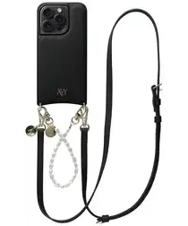 AVY Apple iPhone 14 Pro Zwart Leren Hoesje met Koord Leather and Pearls afbeelding