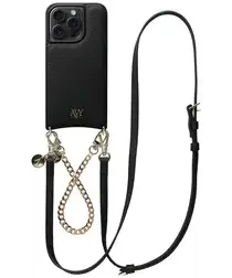 AVY Apple iPhone 14 Pro Zwart Leren Hoesje met Koord Leather and Gold afbeelding