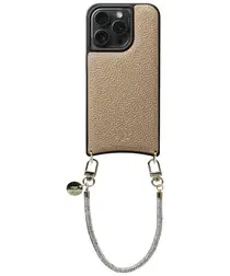 AVY Apple iPhone 14 Pro Beige Leren Hoesje met Koord Silver Spark afbeelding