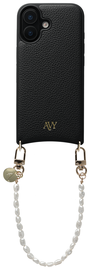 AVY Apple iPhone 16 Zwart Leren Hoesje met Koord Perla Chic