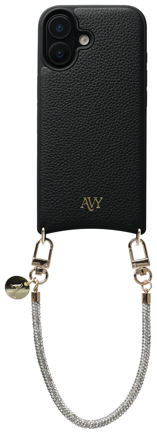 AVY Apple iPhone 16 Zwart Leren Hoesje met Koord Silver Spark afbeelding 1