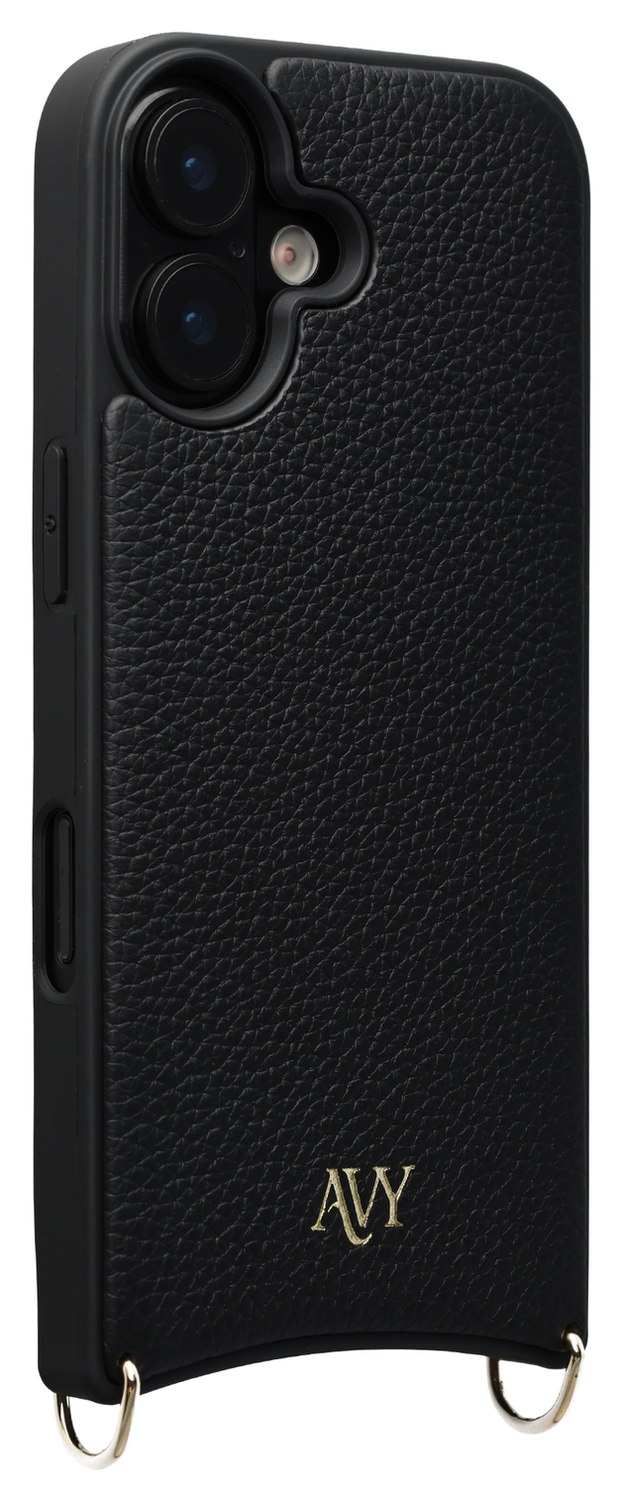 AVY Apple iPhone 16 Zwart Leren Hoesje met Koord Silver Spark afbeelding 13