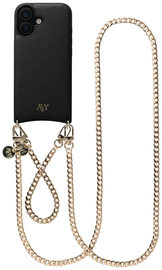 AVY Apple iPhone 16 Zwart Leren Hoesje met Koord Aurum Lien Set
