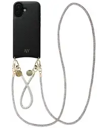 AVY Apple iPhone 16 Zwart Leren Hoesje met Koord Silver Spark Set afbeelding