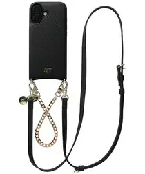 AVY Apple iPhone 16 Zwart Leren Hoesje met Koord Leather and Gold afbeelding