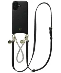 AVY Apple iPhone 16 Zwart Leren Hoesje met Koord Leather and Silver afbeelding