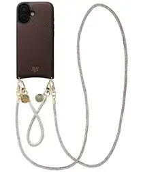 AVY Apple iPhone 16 Bruin Leren Hoesje met Koord Silver Spark Set afbeelding