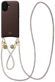 AVY Apple iPhone 16 Bruin Leren Hoesje met Koord Silver Spark Set
