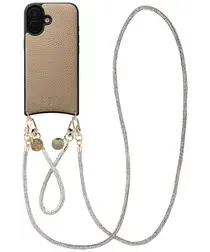 AVY Apple iPhone 16 Beige Leren Hoesje met Koord Silver Spark Set afbeelding