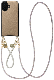 AVY Apple iPhone 16 Beige Leren Hoesje met Koord Silver Spark Set