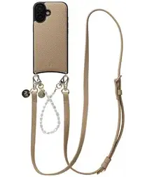 AVY Apple iPhone 16 Beige Leren Hoesje met Koord Leather and Pearls afbeelding