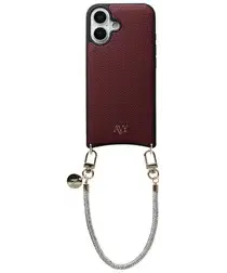 AVY Apple iPhone 16 Burgundy Leren Hoesje met Koord Silver Spark afbeelding