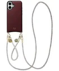 AVY Apple iPhone 16 Burgundy Leren Hoesje met Koord Silver Spark Set afbeelding