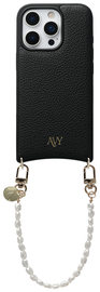 AVY Apple iPhone 16 Pro Zwart Leren Hoesje met Koord Perla Chic