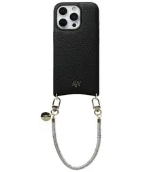 AVY Apple iPhone 16 Pro Zwart Leren Hoesje met Koord Silver Spark afbeelding