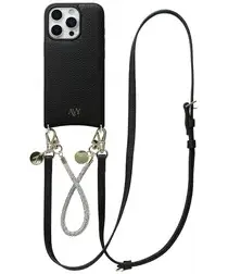 AVY Apple iPhone 16 Pro Zwart Leren Hoesje met Koord Leather and Silver afbeelding