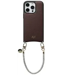 AVY Apple iPhone 16 Pro Bruin Leren Hoesje met Koord Silver Spark afbeelding