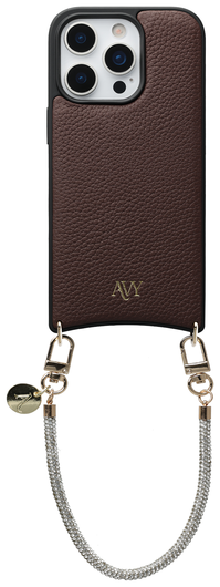 AVY Apple iPhone 16 Pro Bruin Leren Hoesje met Koord Silver Spark afbeelding 1
