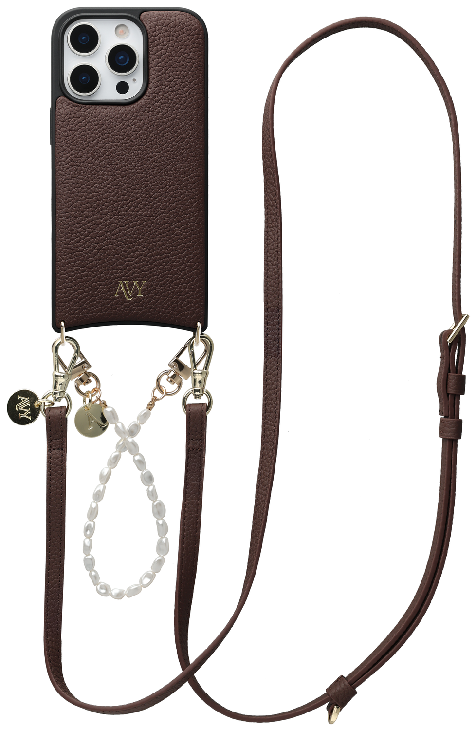 AVY Apple iPhone 16 Pro Bruin Leren Hoesje met Koord Leather and Pearls afbeelding 1