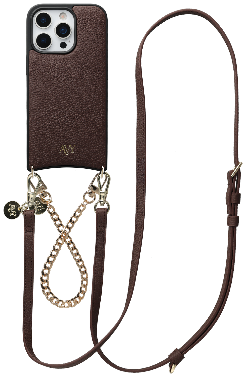 AVY Apple iPhone 16 Pro Bruin Leren Hoesje met Koord Leather and Gold afbeelding 1