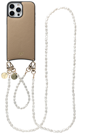 AVY Apple iPhone 16 Pro Beige Leren Hoesje met Koord Perla Chic Set